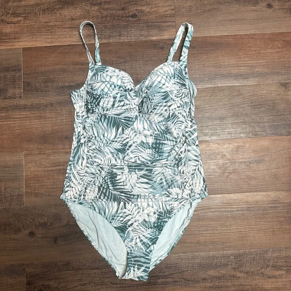 Niptuck Swim‎ One Piece Swimsuit Teal White Palm Print Ruched Tummy Control  10